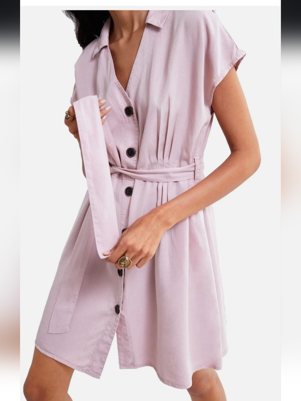 ZARA Blush Pink Button Front Belted Shirt Dress w/ Pockets XS - Picture 2 of 6